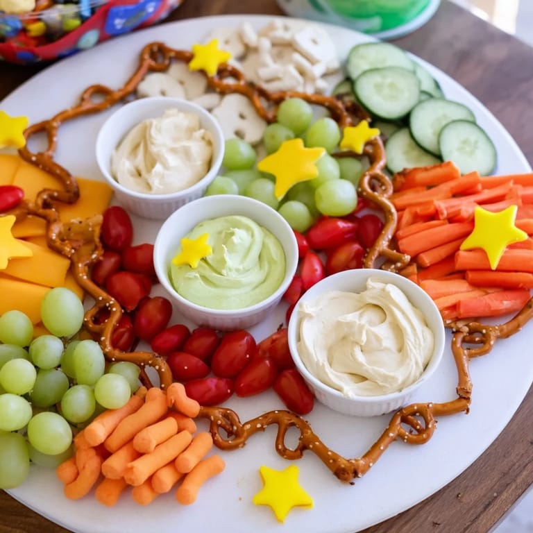 Kids Snack Adventure Map showing a creative snack platter with fun pretzel trails to tasty dips.