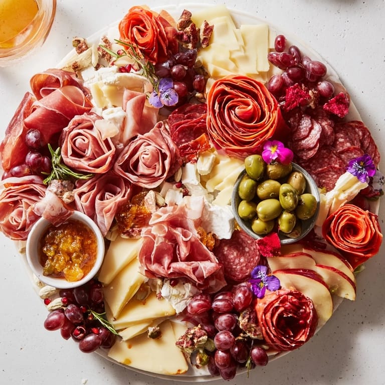 Elaborate Artisan Array charcuterie board with a mix of meats, cheeses, fruits, and garnishes, perfect for entertaining.