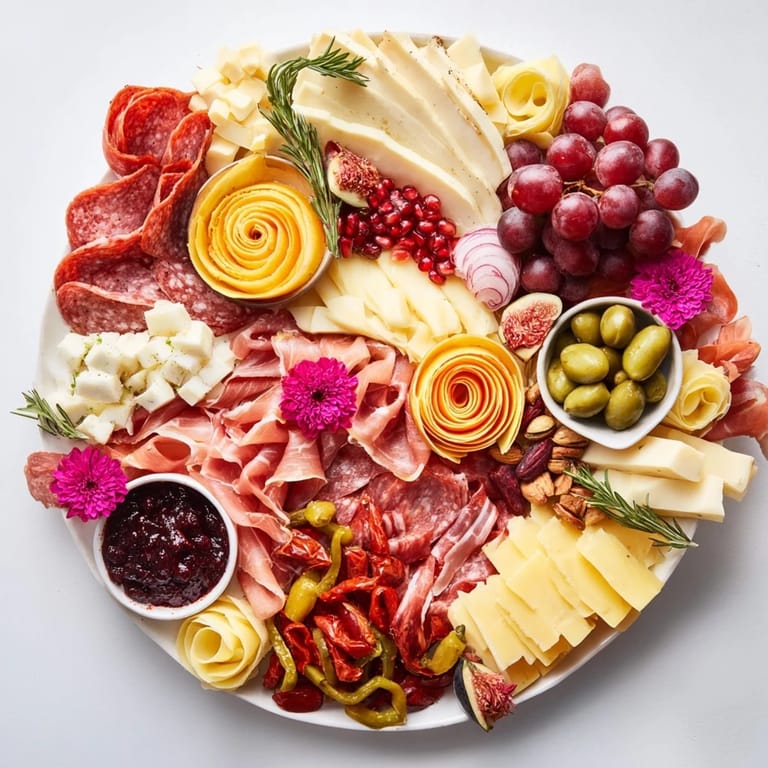 An overflow of tempting flavors in this Advanced Artisan Array charcuterie board, piled high with gourmet ingredients.