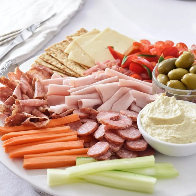 A colorful Budget-Friendly Family Spread featuring ham, cheese, crackers, and crunchy carrot sticks piled high.