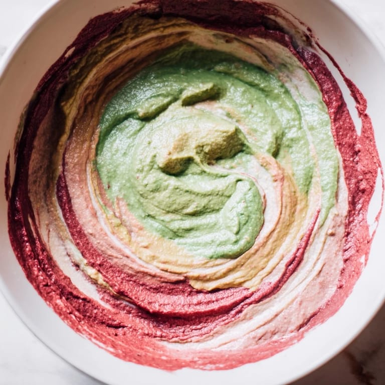 A beautiful Marble Swirl platter features vibrant dips swirled artfully, ready with crackers for a delicious snack.