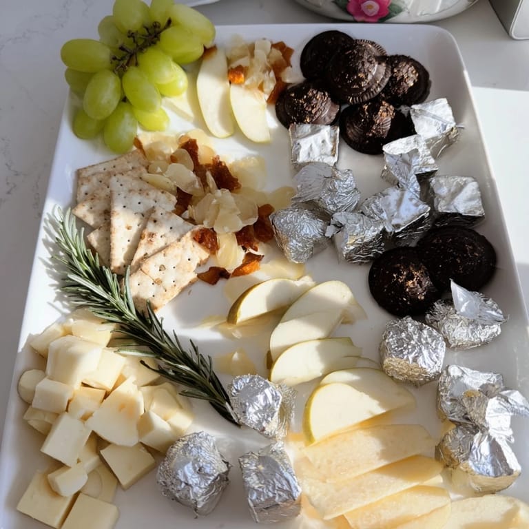 Indulgent close-up of a Silver Screen cheese board, highlighting truffle brie, silver chocolates, and elegant pairings.