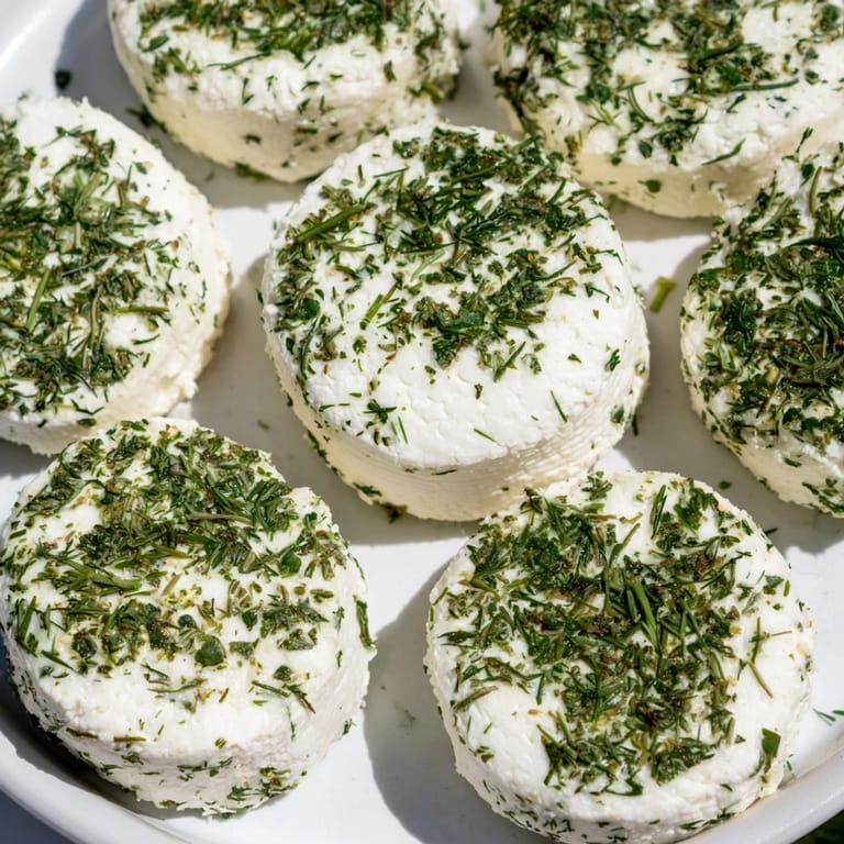 Creamy, herb-covered Mossy Stone appetizer, a delightful cheese course with fresh goat cheese and dill.