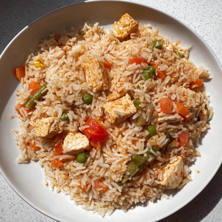 Steaming hot One-Pot Chicken and Rice, with fluffy rice and tender chicken, a family favorite.