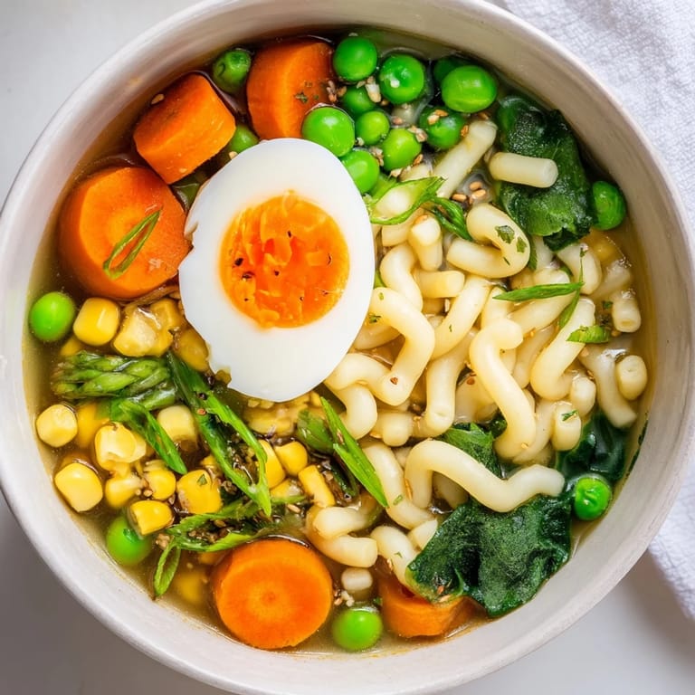 Close-up of a vibrant Ramen Upgrade with Frozen Peas, featuring an array of colorful vegetables.