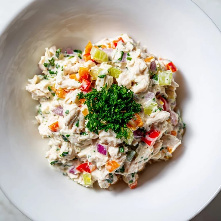 A close-up of a bowl of canned chicken salad with herbs, perfect for a healthy lunch.