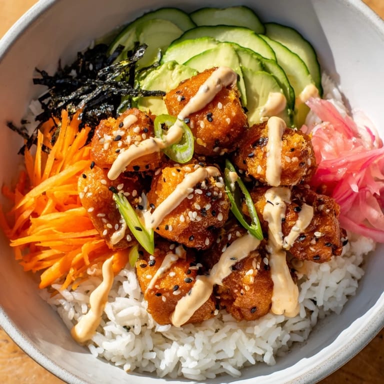 A satisfying Salmon Bites Bowl, featuring tender, flavorful salmon with a spicy mayo drizzle.