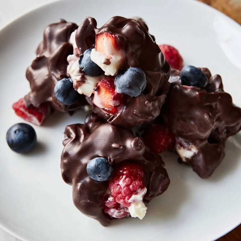 Frozen Chocolate Yogurt Clusters showcasing a perfect bite, a refreshing treat ready in minutes.