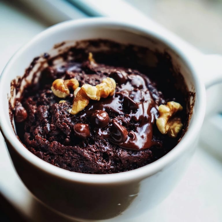 This rich, single-serving mug brownie, topped with chocolate chips, is perfectly baked in a mug.
