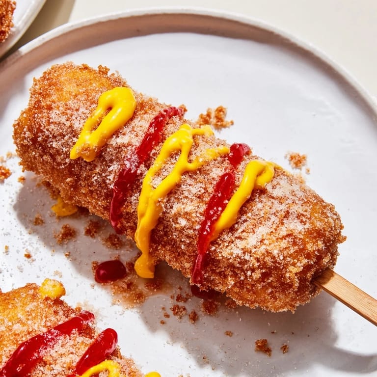 Close-up of freshly fried Korean-inspired corn dogs: A crunchy snack with perfect texture.
