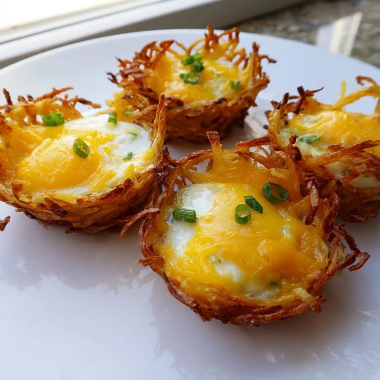 Freshly baked Crispy Hashbrown Egg Nests, topped with cheese and herbs, make a delicious American breakfast.