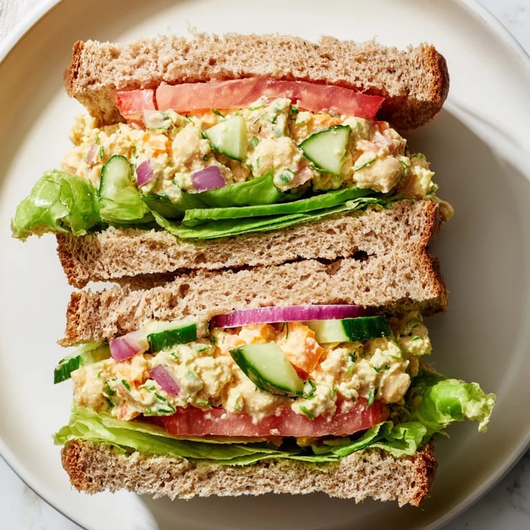 Whole grain bread piled high with a flavorful homemade chickpea salad sandwich, ready to enjoy.