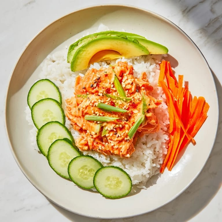 Flaky spicy canned salmon sits atop rice in this flavorful bowl, ready to eat.