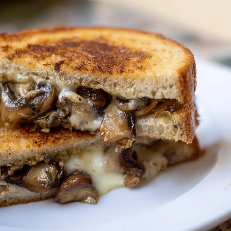 Delicious, homemade Creamy Mushroom Grilled Cheese, with soft, savory mushrooms between toasted bread, ready to enjoy.