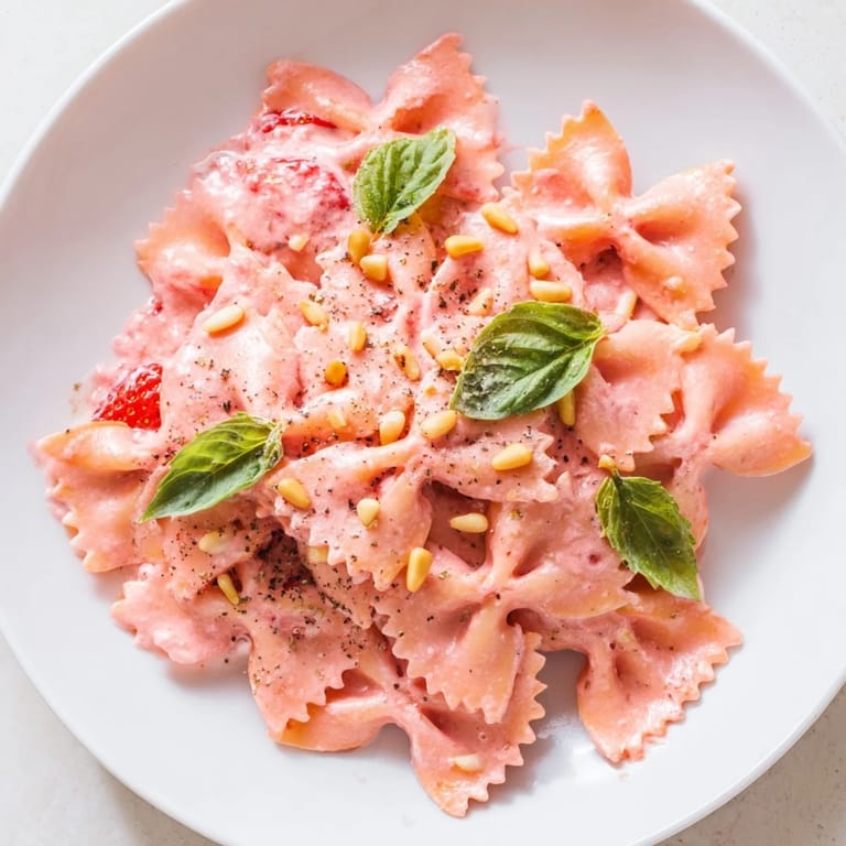 Creamy Strawberry Sour Cream Pasta, a beautiful bowl with basil, invitingly ready to eat.