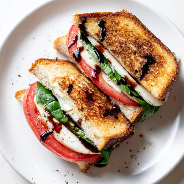 A warm, delicious Caprese Salad Grilled Cheese, oozing with cheese and tomatoes, ready to eat.