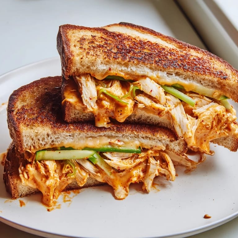 Grilled Gochujang Mayo Chicken Sandwich: Golden-brown sourdough, melted cheese, and spicy mayo create a tasty treat.