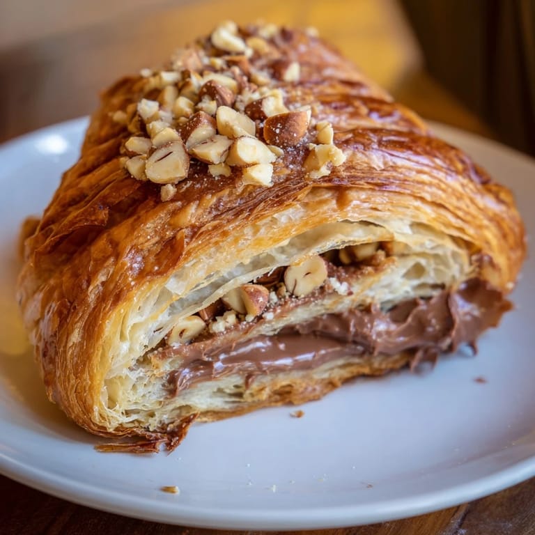 Warm, chocolatey Nutella filling oozing from flaky 3-Ingredient Nutella Croissants, dusted with powdered sugar.