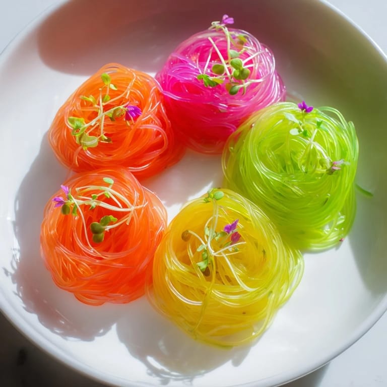 Close-up of Neon Noodle Clouds with dipping sauce, a vegan and gluten-free culinary delight.