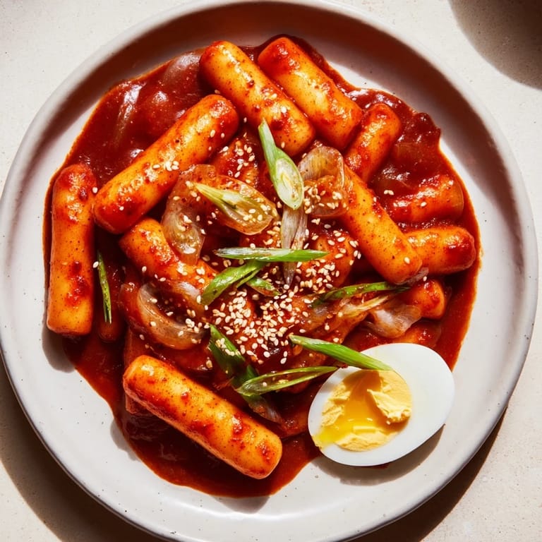 Spicy Korean Tteokbokki with tender boiled eggs, a comforting street food classic, ready to serve.