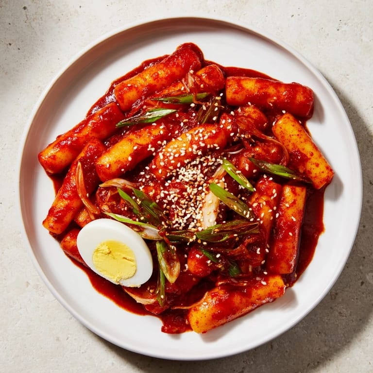 Close-up of vibrant Korean Tteokbokki: Rice cakes coated in a rich, spicy sauce and sesame seeds.