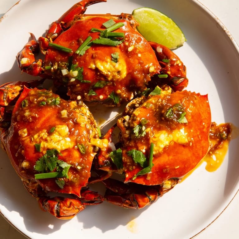 This delicious Singaporean Chili Crab recipe showcases succulent crab pieces coated in a spicy red sauce.