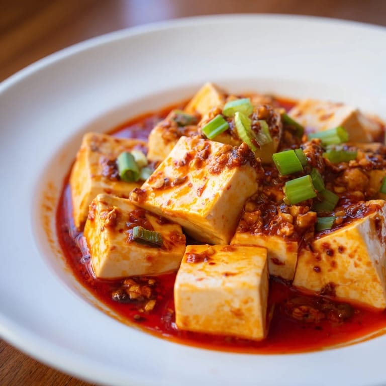 This delicious Chinese Mapo Tofu, with silken tofu and savory sauce, looks ready to serve with steamed rice.