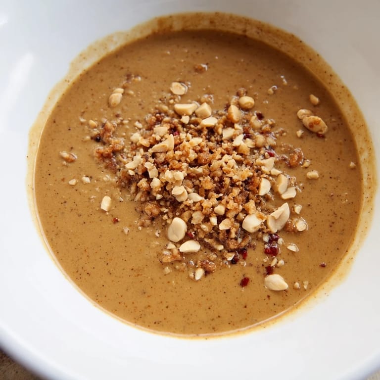 Creamy Indonesian satay sauce, glossy and rich, ready to generously drizzle over grilled skewers.