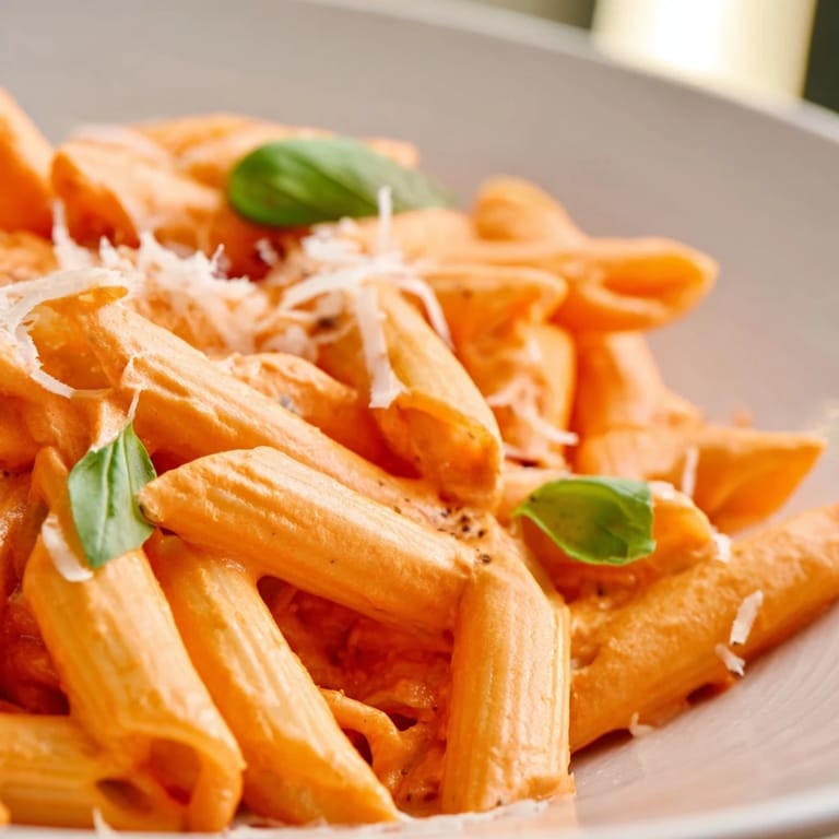 Geröstete Paprika in der Roasted Red Pepper Pasta leuchten rot, serviert mit knusprigem Baguette.