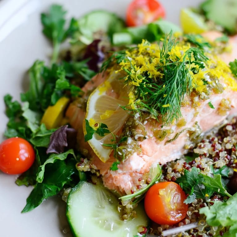 Healthy Lemon Herb Salmon Salad ready in 35 minutes, plated with colorful vegetables and a light citrus vinaigrette.