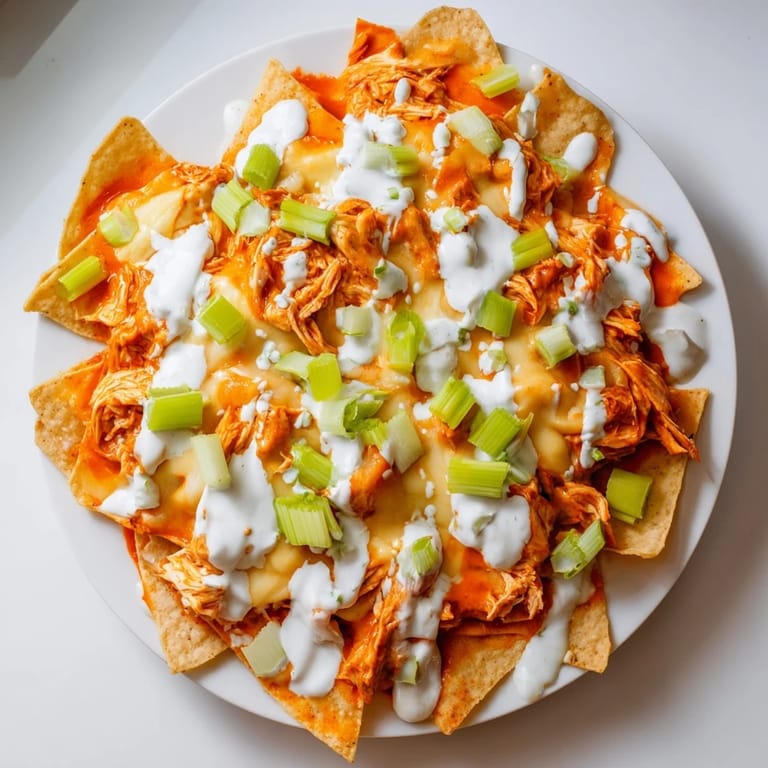 Perfekt für Game-Day-Partys: überbackene Buffalo-Chicken-Nachos mit zerlaufendem Cheddar, Joghurt-Dip und frischer Petersilie.