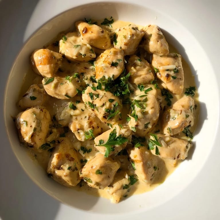 Zarte Hähnchenbissen, in einer würzigen Knoblauch-Sahne-Sauce geschwenkt und mit roten Pfefferflocken verfeinert.