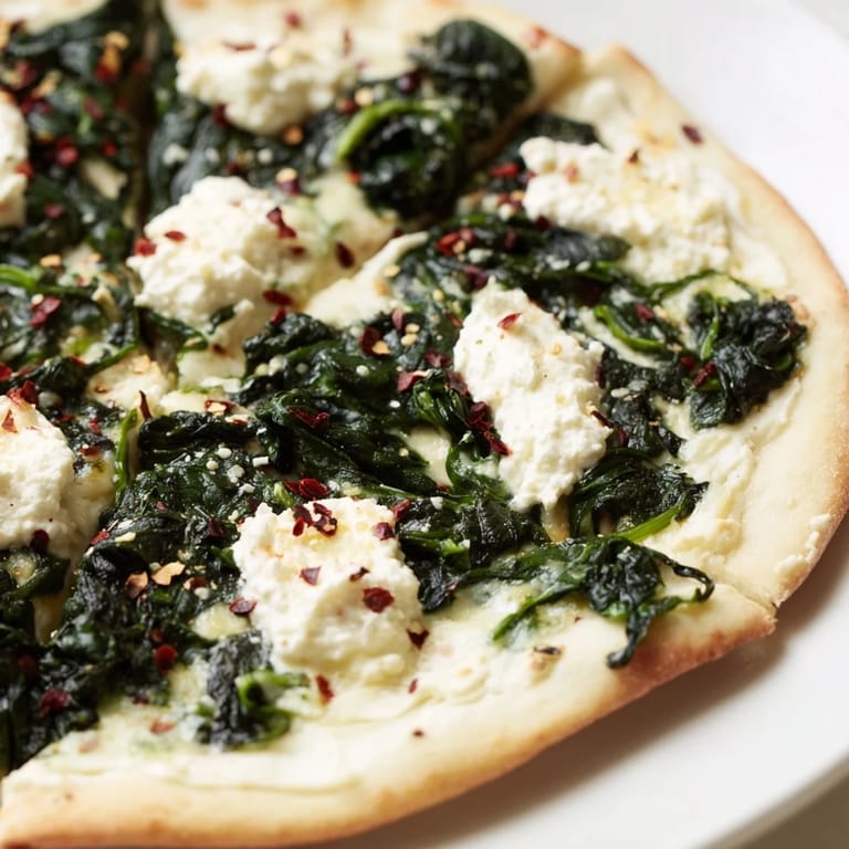 Goldene Spinach Ricotta Pizza, frisch aus dem Ofen, mit knusprigem Rand und duftendem Knoblauchbutter-Topping.