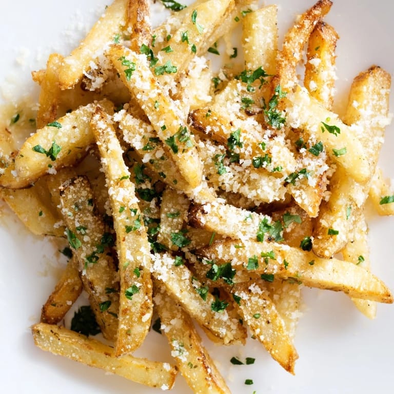 Genussreife Truffle Parmesan Fries serviert mit Meerrettich-Senf-Dip auf Holzplatte