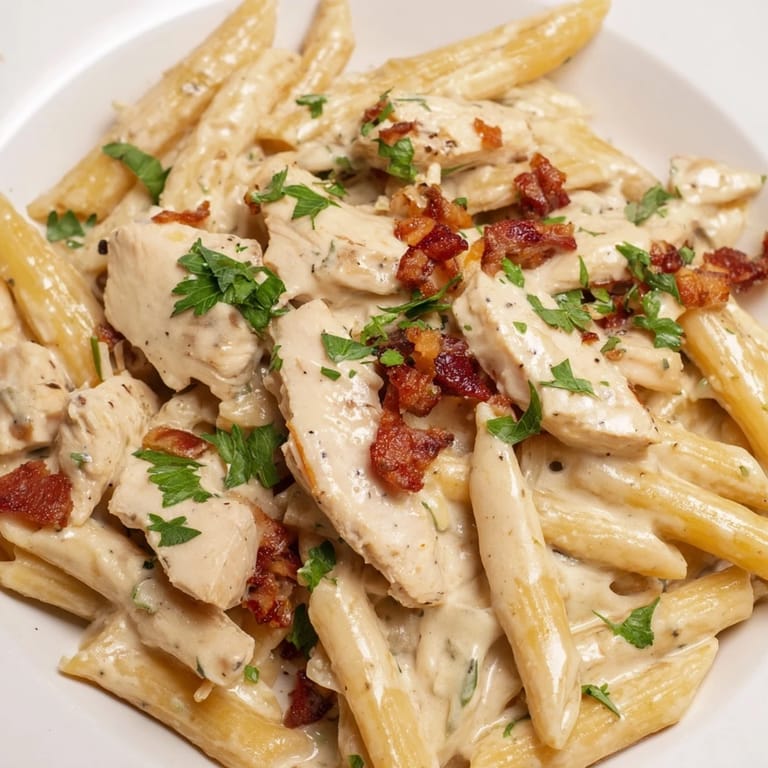 Creamy Chicken Bacon Penne plated with colorful ingredients and a side salad, illuminated by soft natural window light.