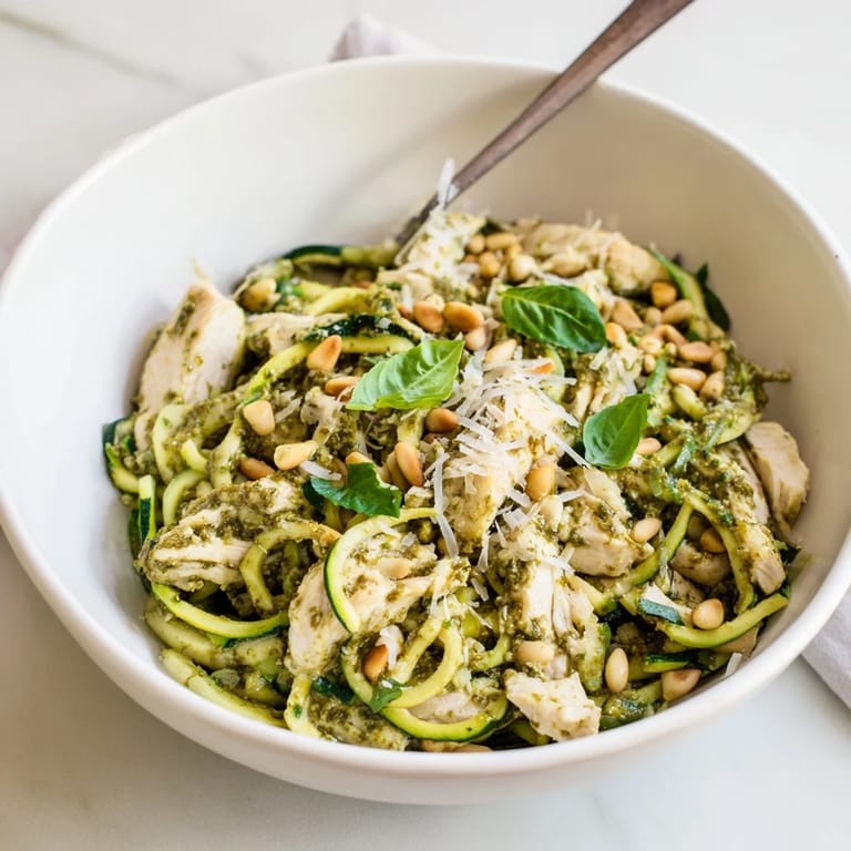 Sommerliches Low-Carb-Gericht: Mit Pesto verriebene Zucchini-Nudeln, gebratenes Hähnchen und knusprige Pinienkerne im Topf.