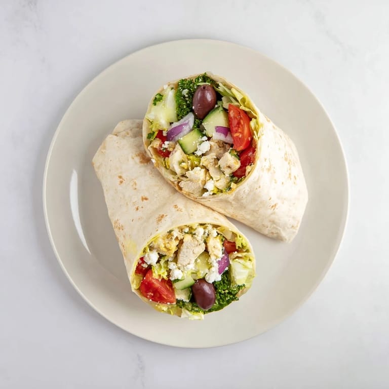 Saftige Greek Lemon Chicken Salad Wrap Füllung aus mediterranem Hähnchen, frischen Tomaten, Oliven und würzigem Feta auf weichem Tortillabrot.