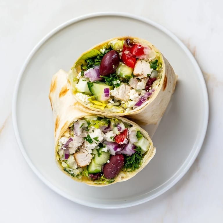Frische Greek Lemon Chicken Salad Wrap Hälfte mit zitronigem Hähnchen, griechischem Gemüse und cremigem Feta für ein leichtes Mittagessen.