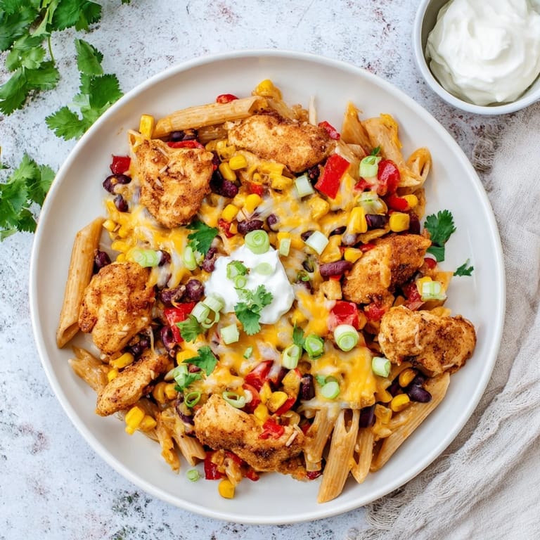 Eine große Pfanne voller Crispy Chicken Burrito Pasta mit geschmolzenem Käse und frischen Salsa.