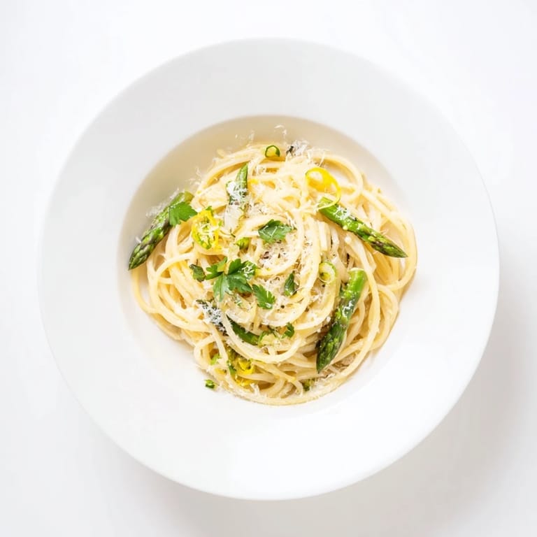 Plated Roasted Garlic & Asparagus Pasta with fresh parsley and lemon zest, ready to serve for a spring dinner.