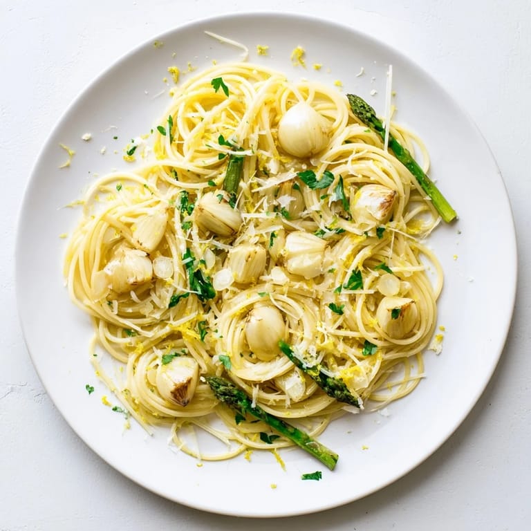 A fork lifting strands of Roasted Garlic & Asparagus Pasta, highlighting creamy roasted garlic, olive oil, and al dente spaghetti.