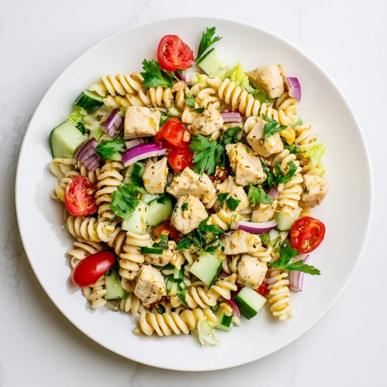 Ein frisch zubereiteter Honey Mustard Chicken Pasta Salad mit glasierten Hähnchenbruststücken, Spiralaronen und knackigem Gurken- und Zwiebelbelag auf grünen Blättern.