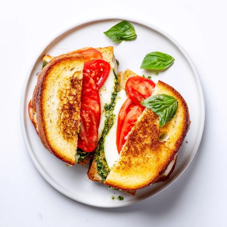 Ein frisches Caprese-Pesto-Grilled Cheese, würzig mit Basilikum und geröstet bis knusprig.