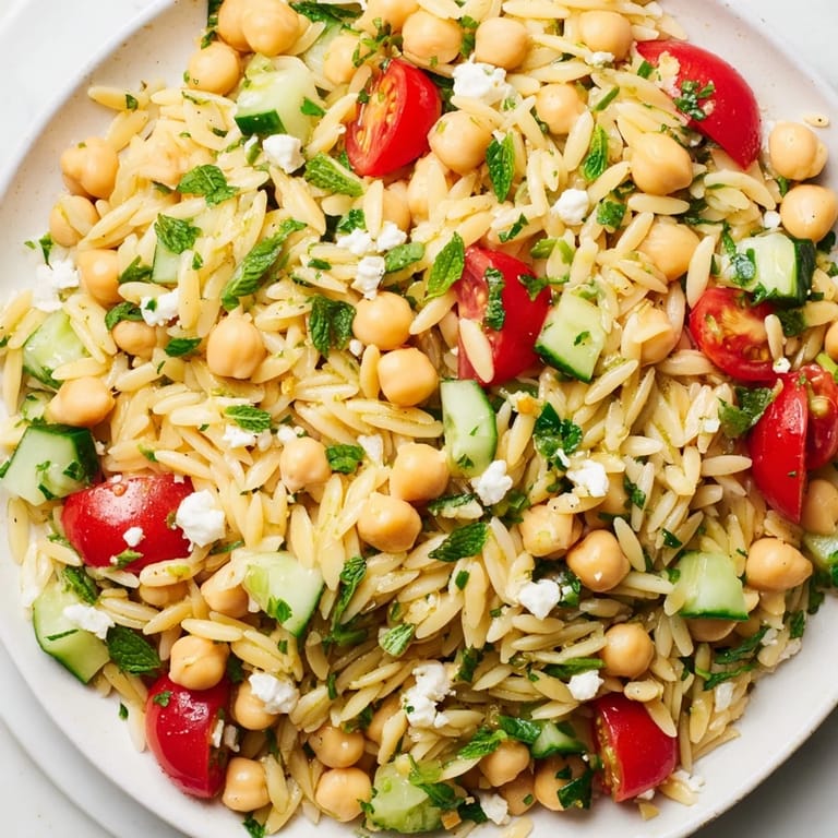 Frische Lemony Chickpea Orzo Salad mit knackigen Gurken, Cherrytomaten und Kräutern, übergossen mit zitroniger Vinaigrette und Feta auf einem weißen Teller.