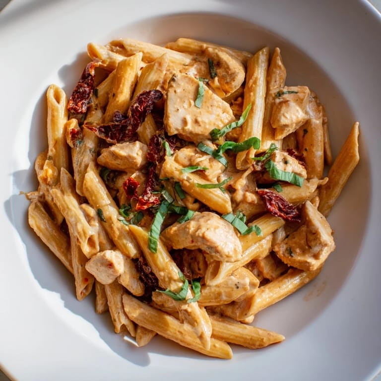 Köstliche Cremige Sonnengetrocknete Tomaten Hähnchen Pasta garniert mit frischem Basilikum und Parmesan, serviert mit Knoblauchbrot.