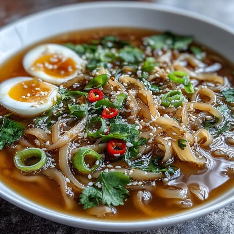 Shirataki Nudeln serviert in würziger Brühe mit Sesamsamen, Frühlingszwiebeln und frischen Kräutern für einen Genuss mit geringem Kohlenhydratgehalt.