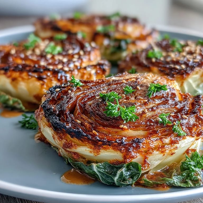 Saftige Kohlrouladen, geröstet und mit cremigem Tahini beträufelt, ein einfaches, herzhaftes Gericht.