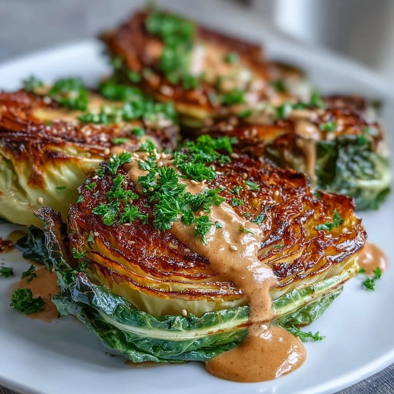 Herrliche geröstete Kohlrouladen mit würzigem Tahini, perfekt als Beilage oder pflanzliches Hauptgericht.