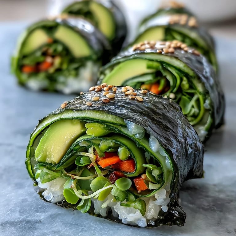 Frische, vegane Nori-Röllchen mit Avocado und Gemüse, bereit zum Dippen.