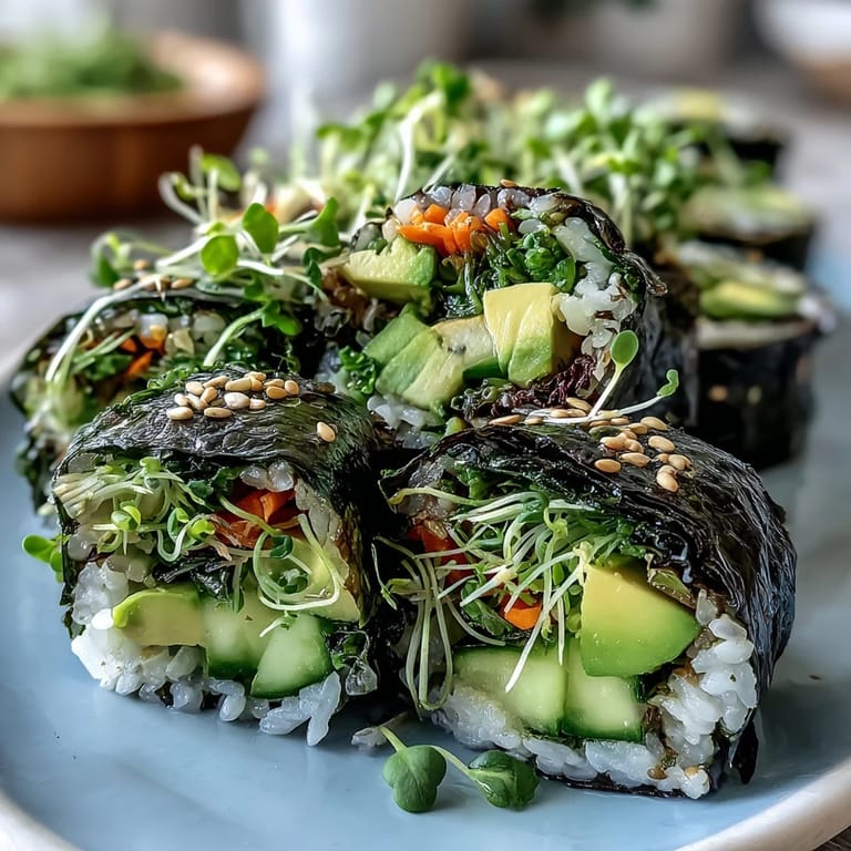 Hausgemachte Nori-Röllchen, vollgepackt mit knackigem Gemüse und herzhaftem Reis.